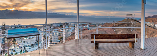 Panoramic aerial view on the Red Sea from scenic point in pergola on top of a...