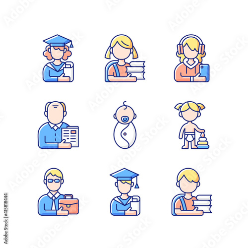 Age and gender differences RGB color icons set. Female and male student. Schoolgirl and schoolboy. Senior citizen. Infancy development. Adulthood. Preschooler. Isolated vector illustrations