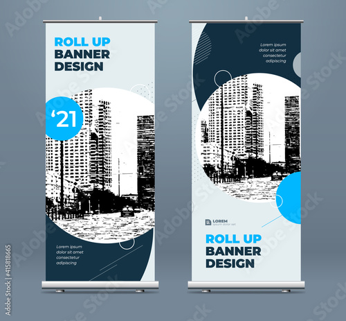Blue Business Roll Up Banner. Abstract Roll up background for Presentation. Vertical roll up, x-stand, exhibition display, Retractable banner stand or flag design layout for conference, forum.