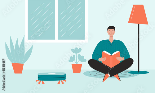 The man is sitting on the floor and reading a book. A robot vacuum cleaner is working nearby.Concept of electronics for home, house cleaning, relaxation, recreation. Vector illustration in flat style