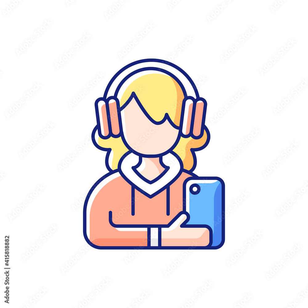 Teenage girl RGB color icon. Female teenager. 13-19 years old girl. Teen behavior. Adolescent years. Individuality development. Dealing with hormonal shifts, body changes. Isolated vector illustration