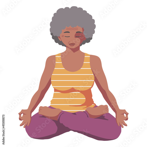 Black African old woman does yoga meditation in lotus position and smiling. Health care. Good habit. Isolated cartoon illustration