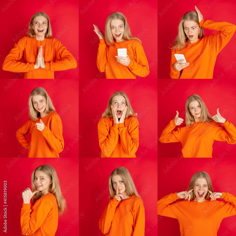 Collage made of photos of beautiful female's half-length portraits isolated on red studio background. Young emotional girl. Facial expression, human emotions. Smiling, thumbs up, wondered. Collage made of photos of beautiful female's half-length portraits isolated on red studio background. Young emotional girl. Facial expression, human emotions. Smiling, thumbs up, wondered.