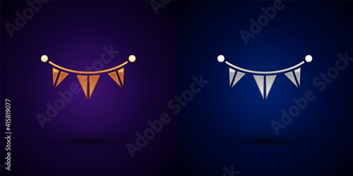 Gold and silver Carnival garland with flags icon isolated on black background. Party pennants for birthday celebration, festival and fair decoration. Vector.