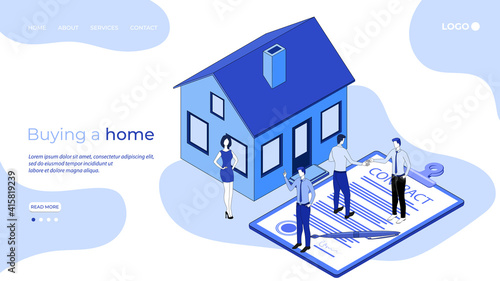 Buying a home.The concept of a mortgage when buying a property.Secure transaction and use of real estate agencies.3D image.Isometric vector illustration.The landing page template.