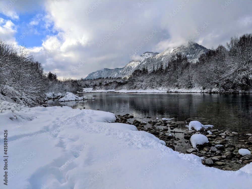 Isar river Alps winter, snow and water, mountain and sow, beautiful nature