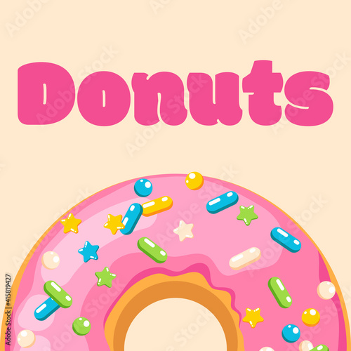 Delicious fresh sweet donut from a pastry bakery. Dessert coated with colored glaze. High-calorie pink strawberry sweet snack. Cartoon illustration