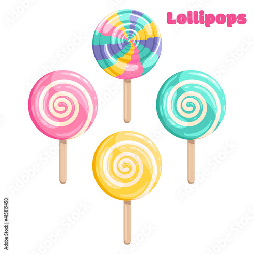 Bright colored lollipop. Sweet dessert for kids. Candy on a stick. Rainbow, pink, blue, yellow spiral ball. Isolated cartoon illustration