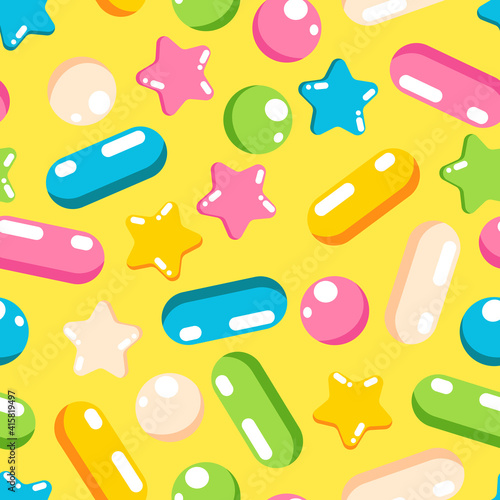 Colorful bright pastel pattern of shiny candy sweet shapes. Pink, light blue, green and yellow star, ball, confetti. Packaging for a birthday present for a little child. Seamless background
