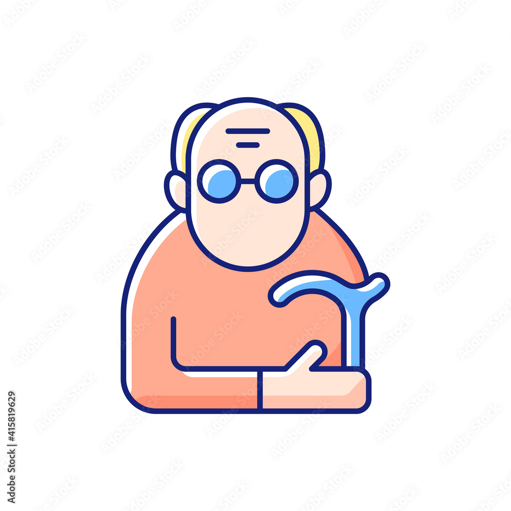 Male pensioner RGB color icon. Senile man. Old age. Retirement from workforce. Aging process. Senior with limited mobility. Oldest-old population. Elderly person. Isolated vector illustration