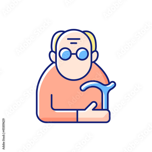 Male pensioner RGB color icon. Senile man. Old age. Retirement from workforce. Aging process. Senior with limited mobility. Oldest-old population. Elderly person. Isolated vector illustration