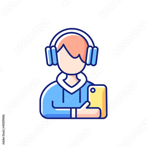 Teenage boy RGB color icon. Male teenager. Adolescence. Emotional development. School stress, peer problems. Mood swings. Growth spurts, puberty changes. Low self-esteem. Isolated vector illustration