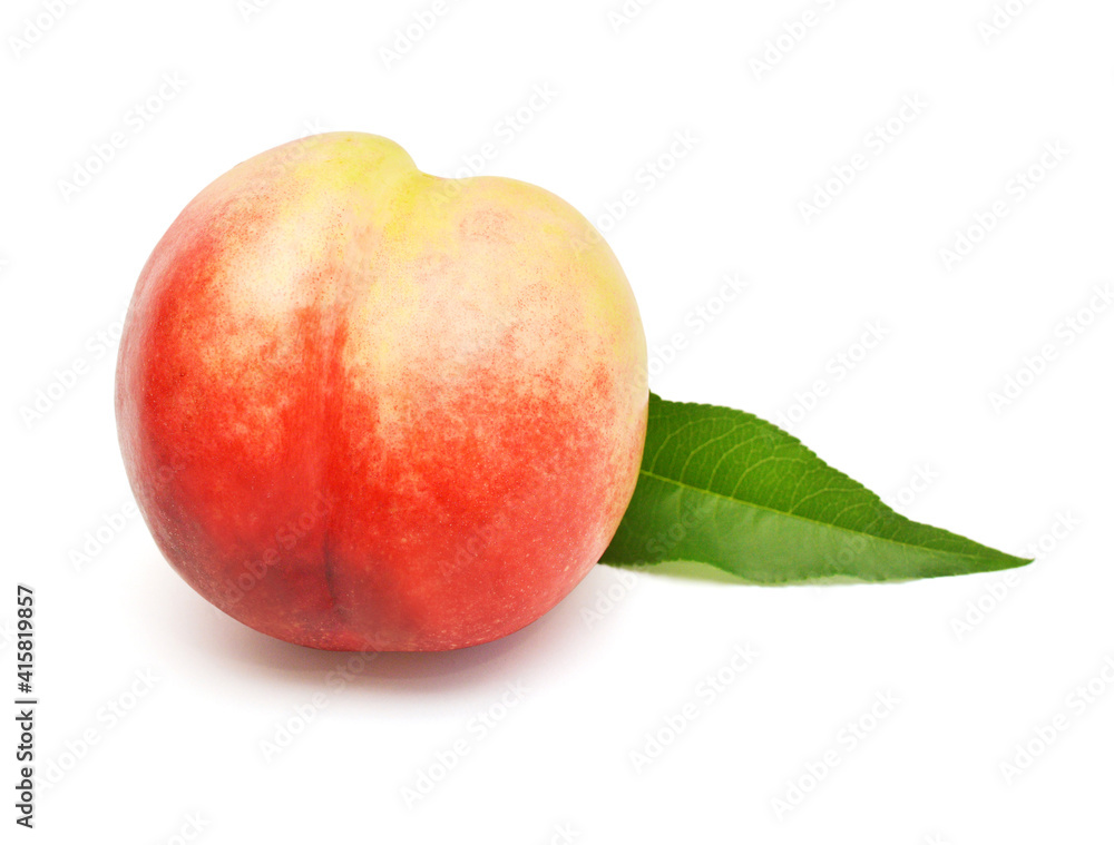 Peach fruit with leaf isolated on white background Peach fruit with leaf isolated on white background