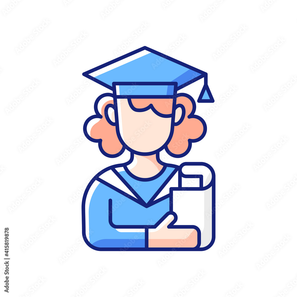 Female student RGB color icon. Young adulthood. Late adolescence. Establishing oneself as independent person. Emotional stability. Deciding on initial career direction. Isolated vector illustration Female student RGB color icon. Young adulthood. Late adolescence. Establishing oneself as independent person. Emotional stability. Deciding on initial career direction. Isolated vector illustration