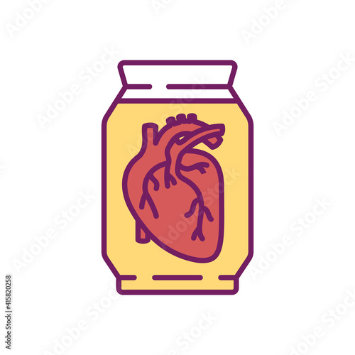 Human heart RGB color icon. Fluid preserved specimen. Formalin fixation for the prolonged preservation. Human muscular organ. Medical, anatomical museum exhibit. Isolated vector illustration