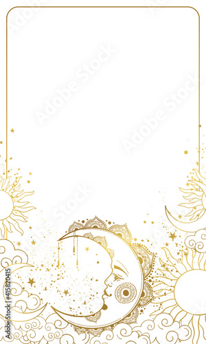Modern celestial background with a golden crescent moon with face, card for astrology and horoscope, boho natal chart with white copy space. Hand-drawn Vector illustration.