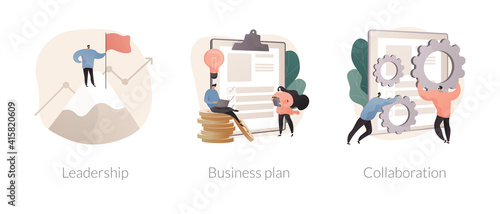 Startup development abstract concept vector illustration set. Leadership and business plan, collaboration, mutual assistance, managing skills, effective communication, entrepreneur abstract metaphor.