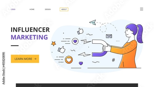 Successful female Social Media Influencer dong marketing promotions using a horseshoe magnet to attract followers and likes in a web page template with copyspace, colored vector illustration
