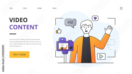 Social Media Influencer or vlogger recording video content on a professional video camera or mobile phone in a website landing page template with copyspace, colored minimal style vector illustration