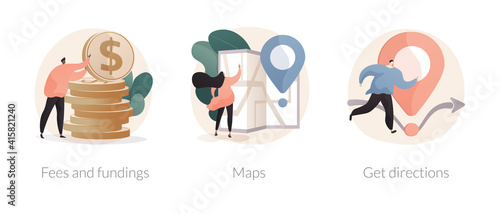 Company page information abstract concept vector illustration set. Fees and funding, maps, get directions, service cost, subscription fees, online navigation, contact us page abstract metaphor.
