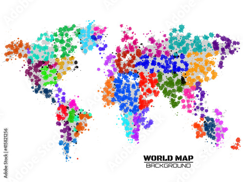 Abstract world map in the form of blots  colorful ink splashes  grunge splatters. Vector illustration