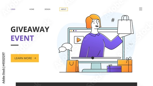 Website design template for a female Social Media Influencer doing a giveaway event or promotion with gifts and handbag with copyspace alongside, colored minimal style vector illustration