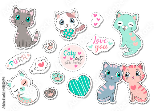 Large set of different cute Caty cat sticker designs on white depicting love, happiness and contentment , some with text, minimal style flat cartoon colored vector illustration