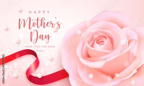 Happy mother's banner day pink elegant rose flower red ribbon and pearl with shining bokeh background