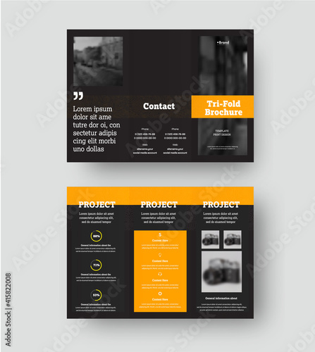 Vector trifold template with yellow rectangular design on black background, with realistic shadows, for advertising, business concept.
