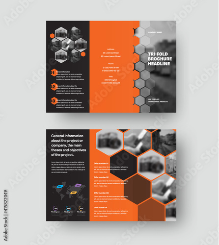 Vector trifold template presentation with hexagons, orange design elements on black background.