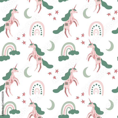 Seamless pattern with unicorns and rainbows on white in boho style. Magical kids background for wrapping paper  printing on the fabric. Vector illustration.