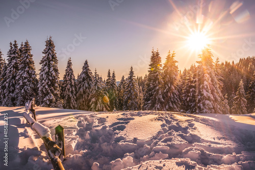 Mountain scenery with snow and warm sun, wintertime, winter wonderland, cold, snow