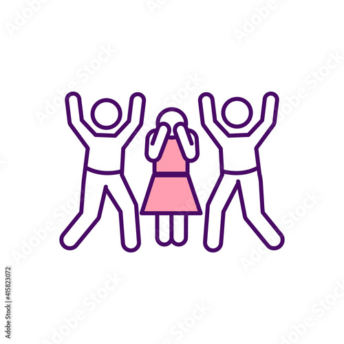 Sexism RGB color icon. Violence and abuse against women. Prejudice against women and girls. Female sexual harassment. Sexist assumptions. Physical assault, stalking. Isolated vector illustration