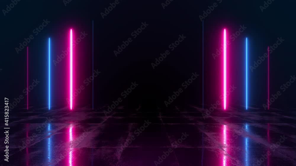 Abstract neon background with bright laser lights and reflections on the floor. 3d render of blue and pink rays. Night club music show animation. Seamless loop.
