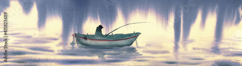 Illustrazione ad acquerello di un pescatore che pesca nel riflesso del cielo. aurora boreale