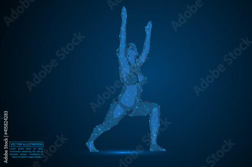 Woman yoga fitness. Abstract consists 3d of triangles, lines, dots and connections. On a dark blue background cosmic universe stars. Vector illustration eps 10.