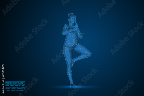Woman yoga fitness. Abstract consists 3d of triangles, lines, dots and connections. On a dark blue background cosmic universe stars. Vector illustration eps 10.