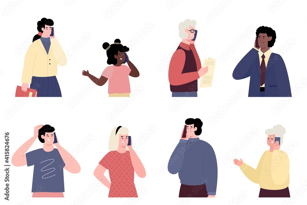 Obraz premium Set of portraits of people talking on mobile phone. Communicating, speaking and dialog of persons via smartphone. Flat vector illustrations isolated on white background