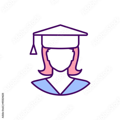 Female education RGB color icon. Building better future for girls and women. Reducing inequality. Economic empowerment. Educated woman. Gaining knowledge and capabilities. Isolated vector illustration