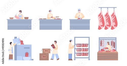 Meat processing stages or steps infographic set, cartoon vector illustration isolated on white background. Meat processing plant workers produce and pack products.