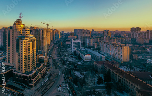 Air panorama the winter sunset on Genoese street in Odessa Ukraine.
