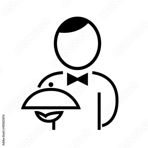 Icon with a male waiter. Ready dish in hand. Vector black and white linear illustration