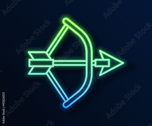 Glowing neon line Bow and arrow in quiver icon isolated on blue background. Vector.