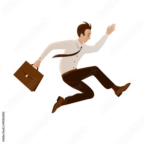 Businessman in a tie and with a briefcase jumping. The concept of overcoming obstacles, the risk and courage in decision making. Vector isolated cartoon illustration