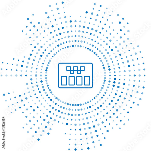 Blue line Taximeter device icon isolated on white background. Measurement appliance for passenger fare in taxi car. Abstract circle random dots. Vector.