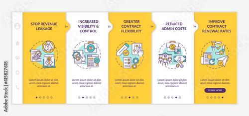 Contract management automation benefits onboarding vector template. Stop revenue leakages. Responsive mobile website with icons. Webpage walkthrough step screens. RGB color concept
