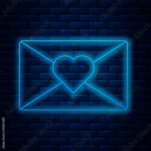Glowing neon line Envelope with Valentine heart icon isolated on brick wall background. Message love. Letter love and romance. Vector.