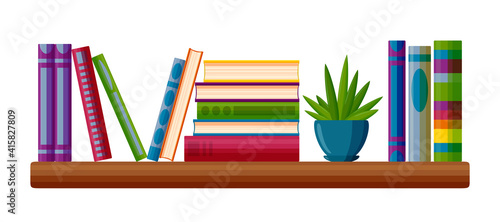 Shelf with book piles. Information point with books and plant in cartoon style. Vector illustration isolated on white background