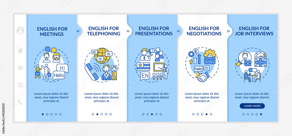 Business English aims onboarding vector template. Foreign language for presentations, job interviews. Responsive mobile website with icons. Webpage walkthrough step screens. RGB color concept