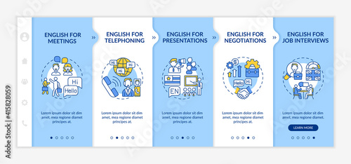 Business English aims onboarding vector template. Foreign language for presentations, job interviews. Responsive mobile website with icons. Webpage walkthrough step screens. RGB color concept